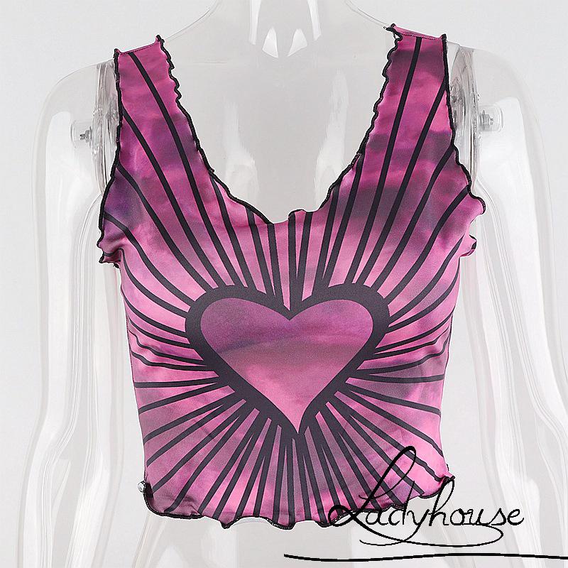 Áo tank top cổ chữ U ôm dáng in họa tiết trái tim gợi cảm cho nữ