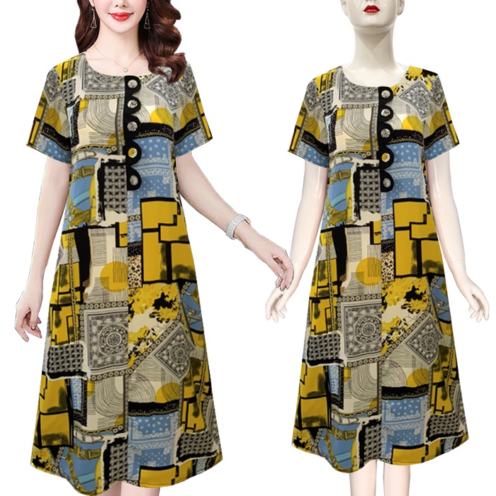 ĐẦM TRUNG NIÊN SUÔNG DÁNG DÀI TUỔI 50 TUỔI 60 KIỂU ĐẦM SUÔNG CỔ TIM IN HỌA TIẾT 3D CAO CẤP D3293