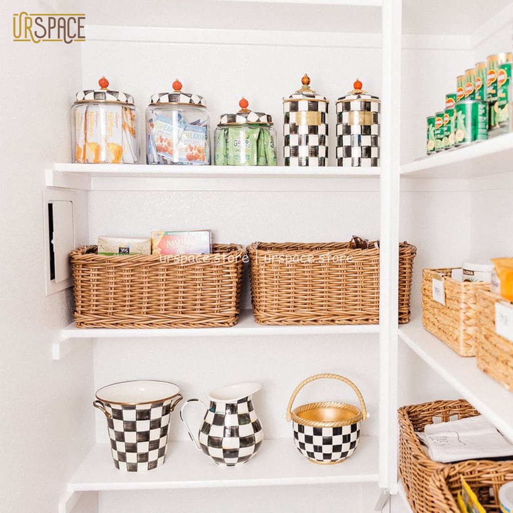 Giỏ nhựa giả mây handmade đựng đồ đa năng hình chữ nhật màu nâu/ Rectangle Resin Storage Basket Brown Color