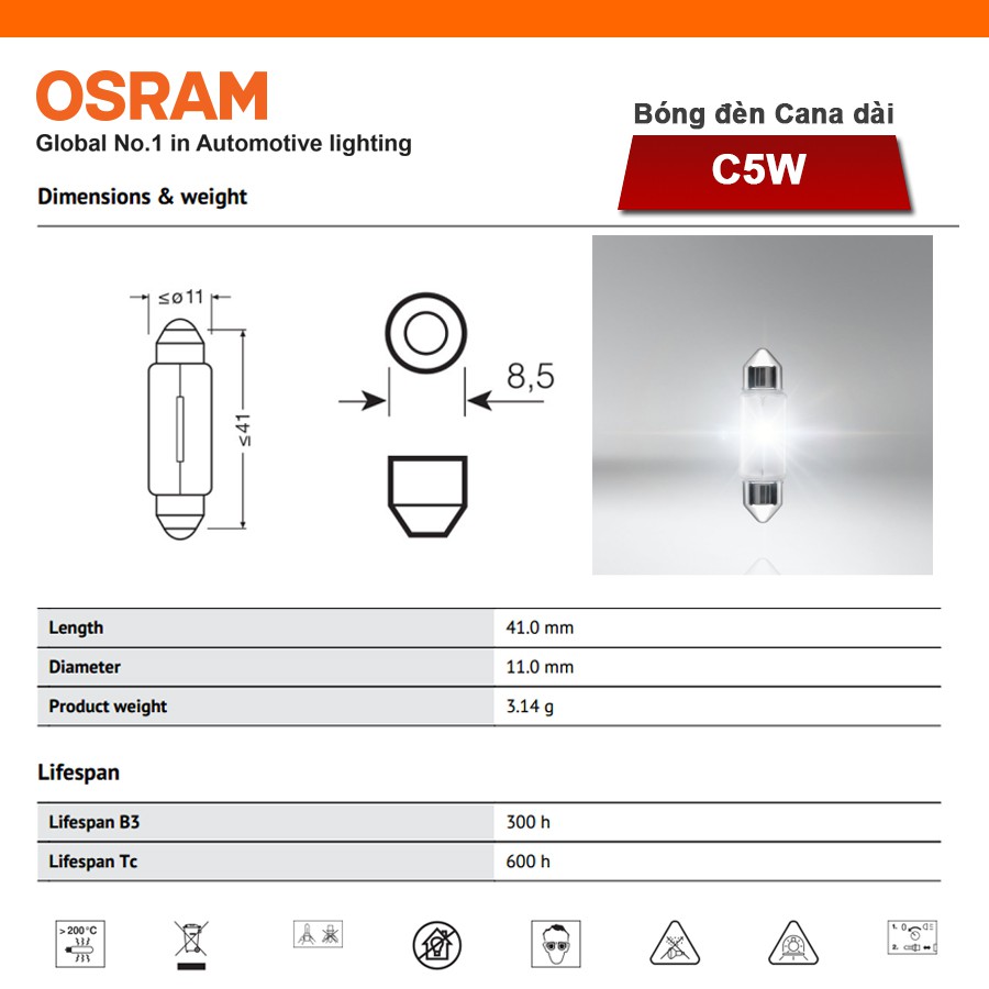 Combo 10 Bóng Đèn Cana Dài OSRAM Original C5W 24V 10W - Nhập Khẩu Chính Hãng