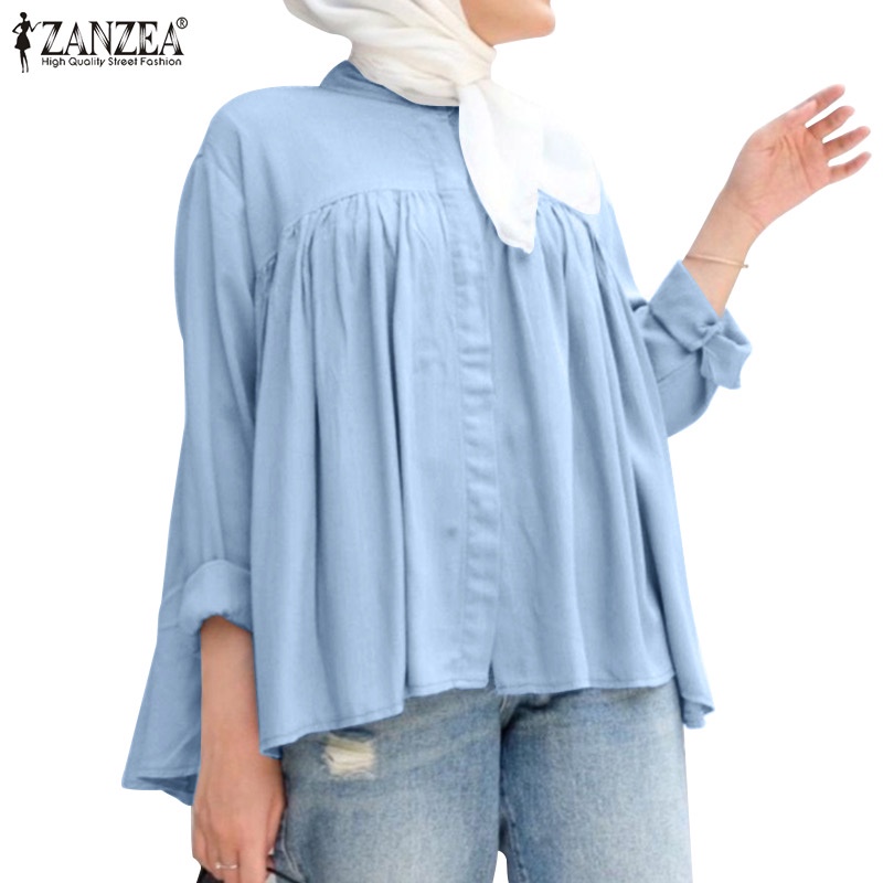 Áo Zanzea kiểu hồi giáo tay dài cổ tròn cài nút trước màu trơn