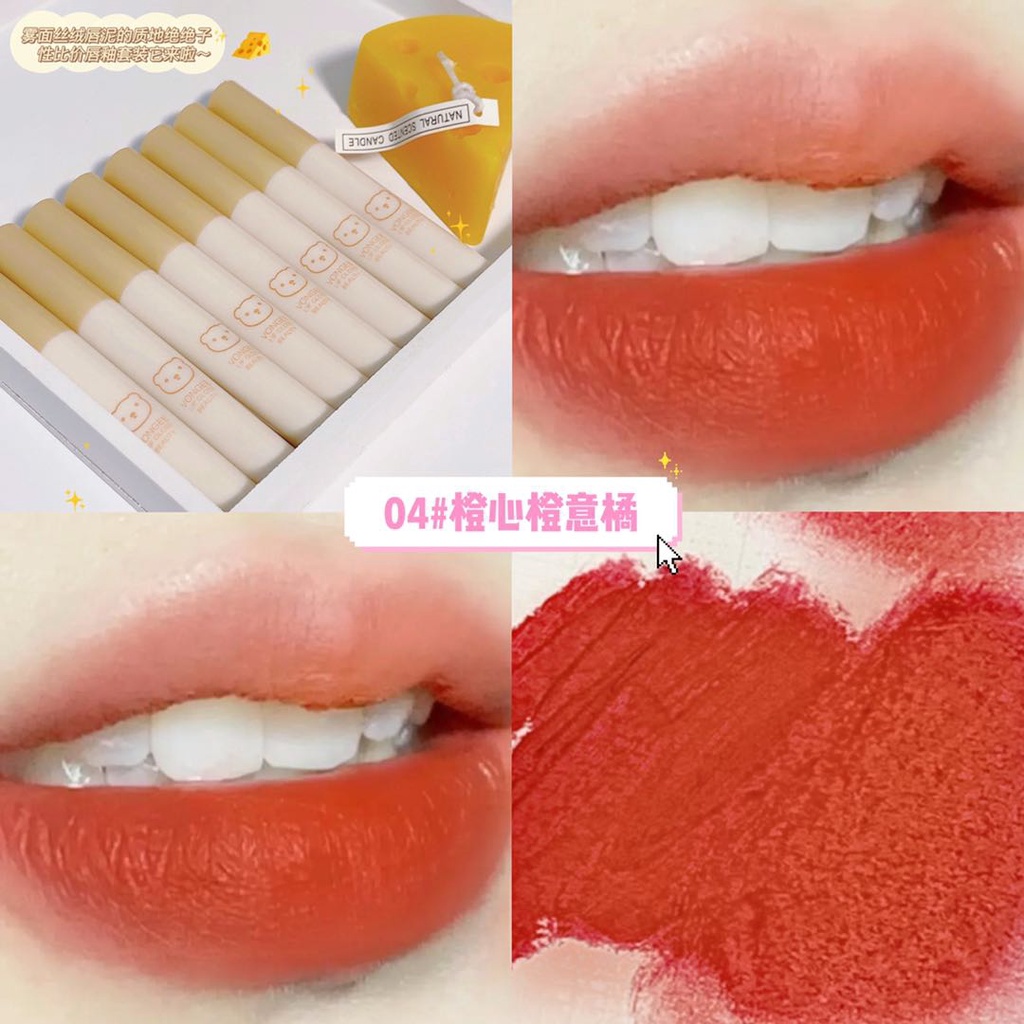 Bộ 4 thỏi son kem lì VONGEE kết cấu mềm kháng nước lâu trôi thiết kế họa tiết gấu màu cam | BigBuy360 - bigbuy360.vn