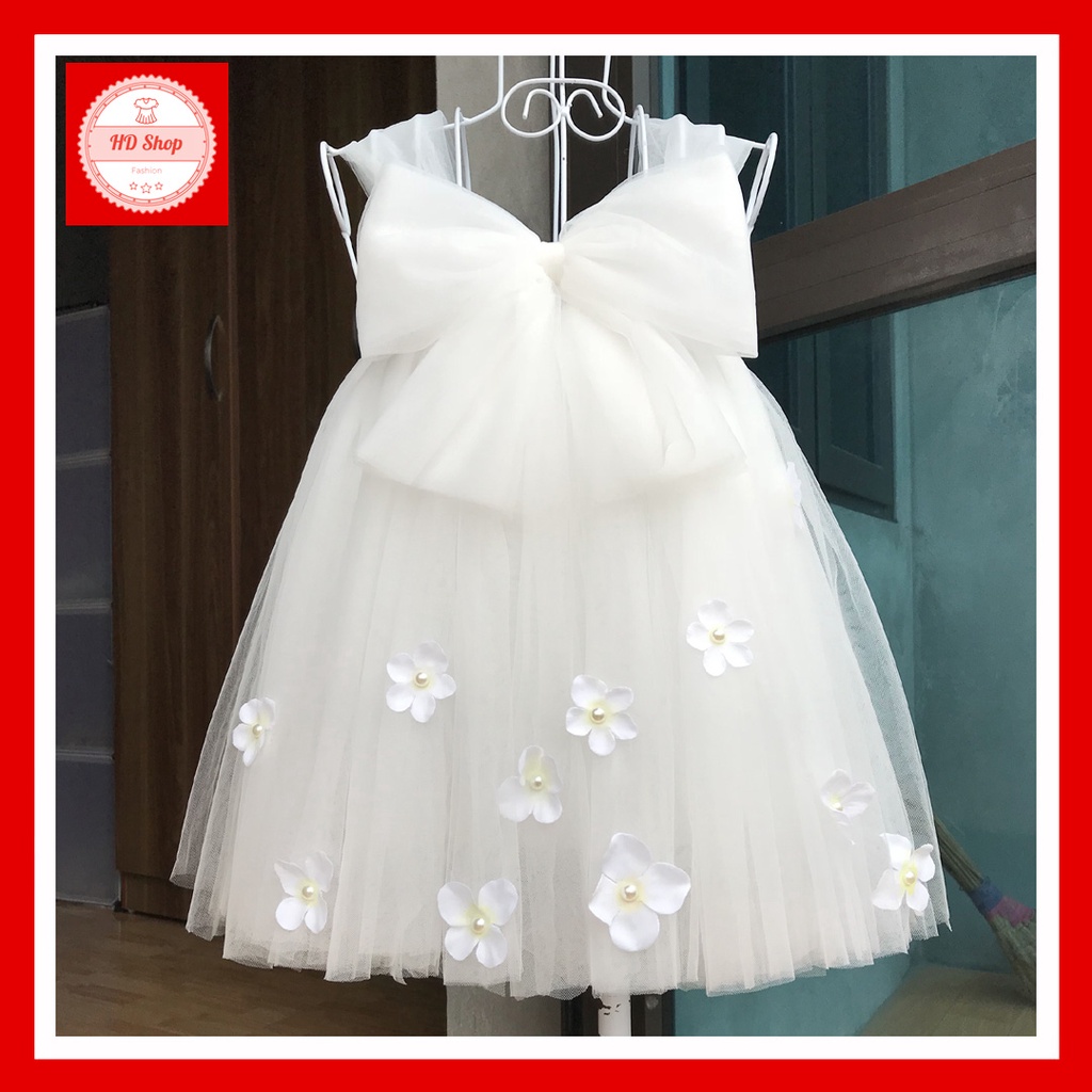 Đầm cho bé ❤️FREESHIP❤️ Đầmtrẻ em trắng nơ hoa rơi tú cầu