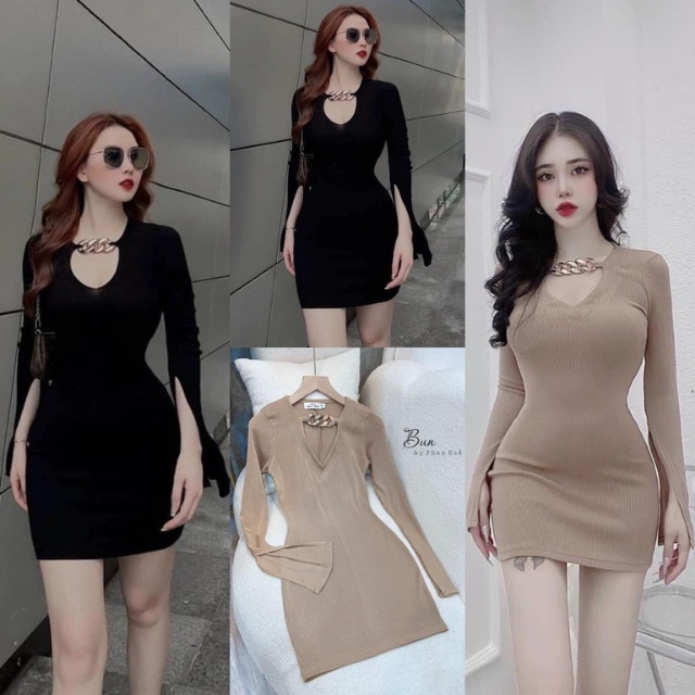 Váy Body Dài Cổ Tim Tay Loe TIBU Cao Cấp Đầm Body Ôm Sát Phối Xích Vải Thun Gân Mềm Mịn Thoáng Mát Siêu Xinh