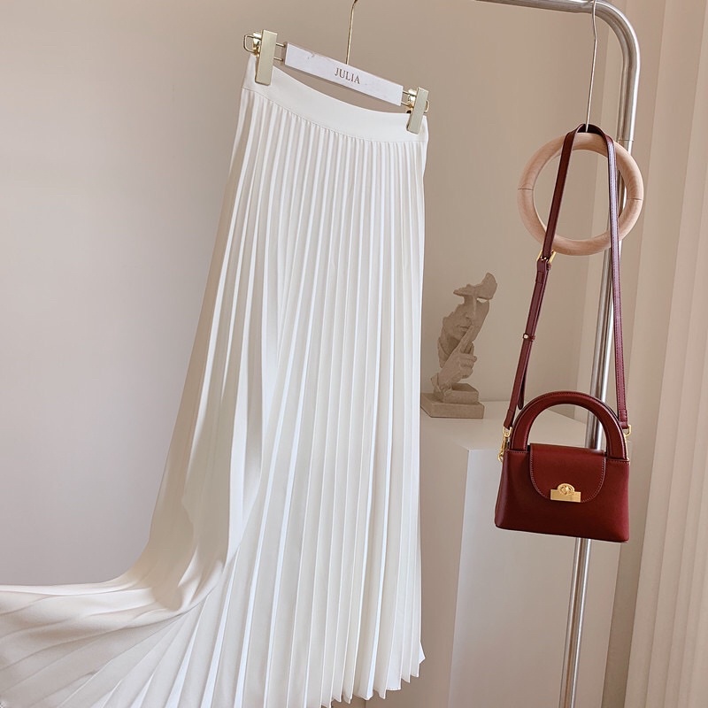Chân váy julia studio xếp ly màu trắng kéo khóa bên hông form đẹp độ dài vừa phải | BigBuy360 - bigbuy360.vn