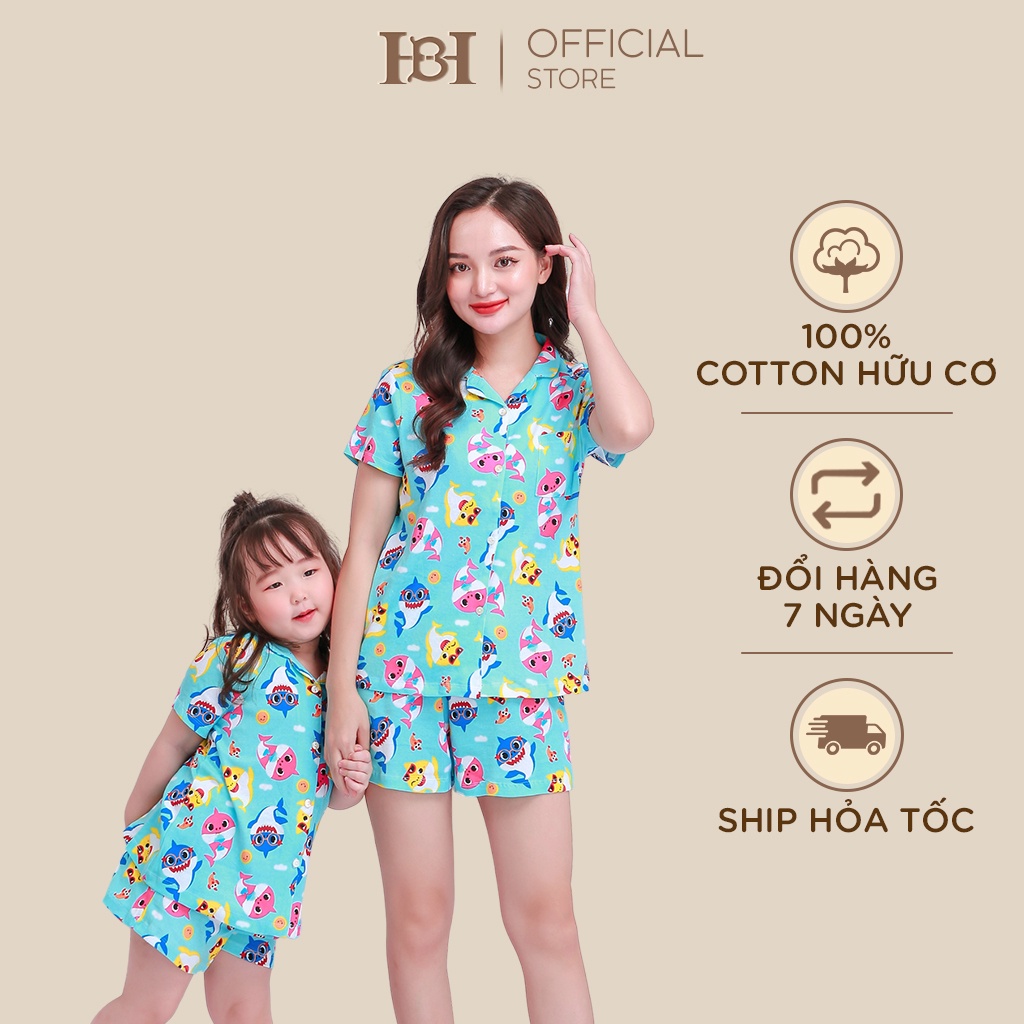 Bộ Quần Áo Pyjama Hapiibabii Tay Ngắn, Vải Cotton Organic, Hoạ Tiết Baby Shark Cho Bé Mặc Ở Nhà Mùa Hè (1-10 Tuổi)