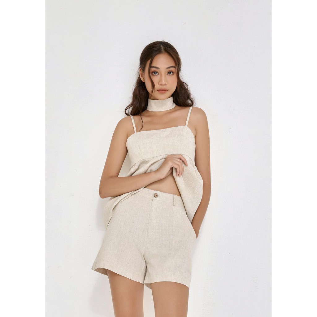 Quần lửng nữ YV LE &amp; CO vải linenmàu kem thanh lịch