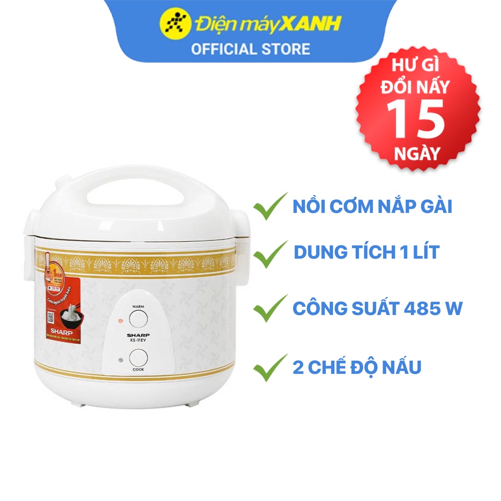 Nồi cơm điện nắp gài Sharp KS-11EV 1 lít  485 W giữ ấm - Chính hãng BH 12 tháng - Sản xuất tại Thái Lan