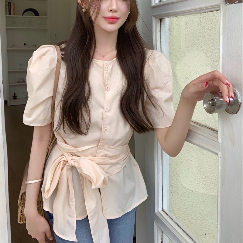 Áo Sơ Mi Nữ Cổ Tròn Ngắn Tay Thiết Kế Dây Đai Thắt Nơ Eo Tay Bồng Phong Cách Hàn Quốc Thời Trang Sugal SO MI NU 011V1
