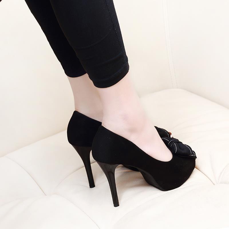 Giày Cao Gót 10CM Chống Thấm Nước Mũi Nông Đính Nơ Đen Quyến Rũ Cho Nữ