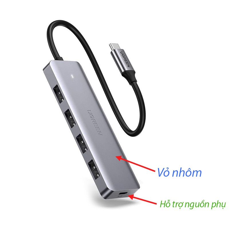 Bộ chia Hub USB Type C to 4 Port USB 3.0 Ugreen 70336 Chính Hãng CM164 (trợ nguồn MicroUSB) Vỏ Nhôm