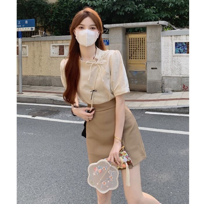 Bộ Áo Sườn Xám + Chân Váy Dài Lưng Cao Xẻ Tà Phong Cách Hong Kong Thời Trang Mùa Hè Hàng Mới Cho Nữ