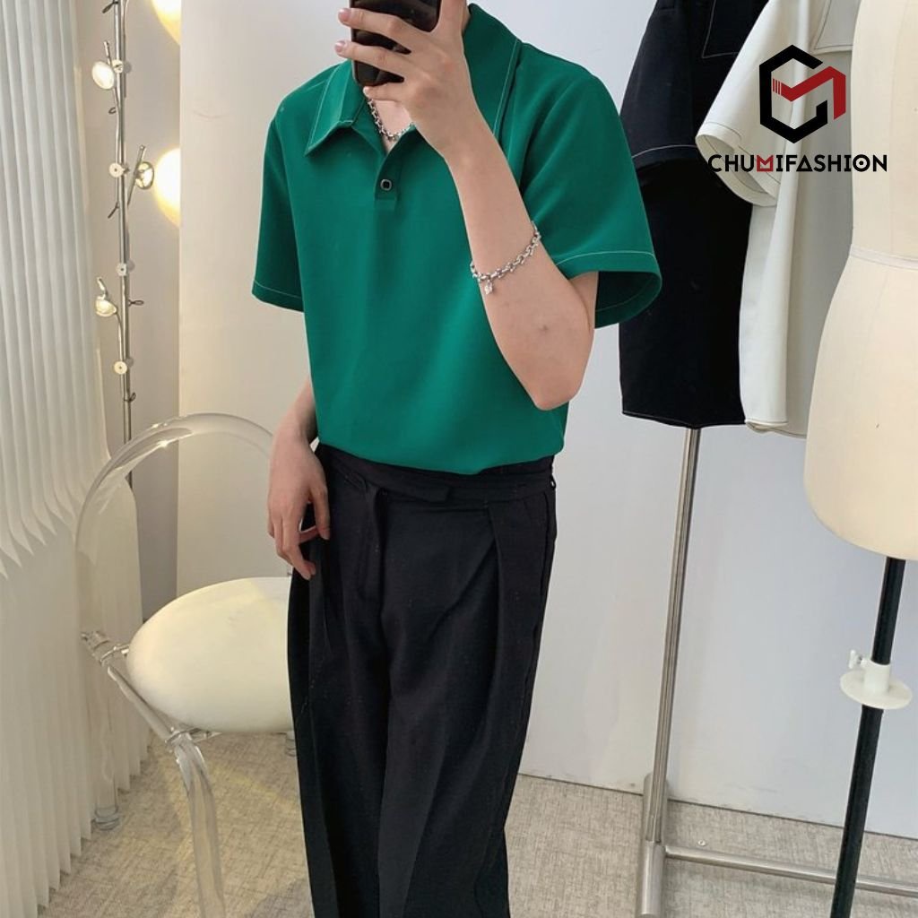 Áo thun polo nam cổ bẻ CHUMI vải cotton may chỉ nổi form rộng dáng suông hottren hàn quốc 2022 at 316