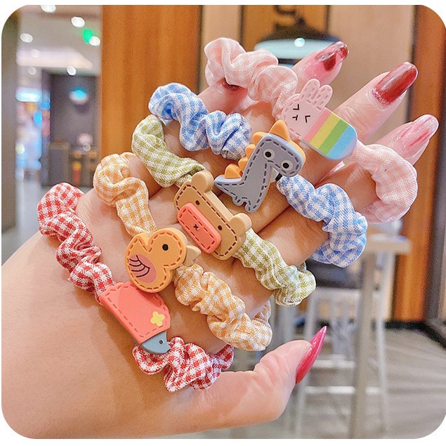 Set 10 dây cột tóc vải sọc caro hoạt hình đáng yêu hàn quốc CB05