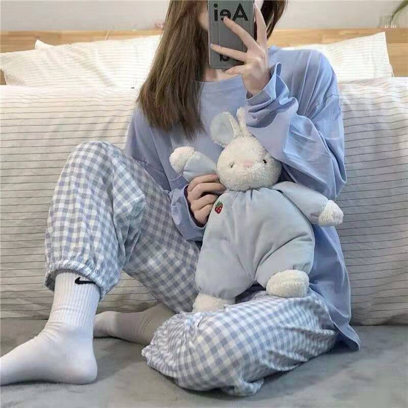 Bộ ngủ nữ dài tay hai màu hot quần dài kẻ caro phong cách trẻ trung dễ thương (kèm video và ảnh thật)