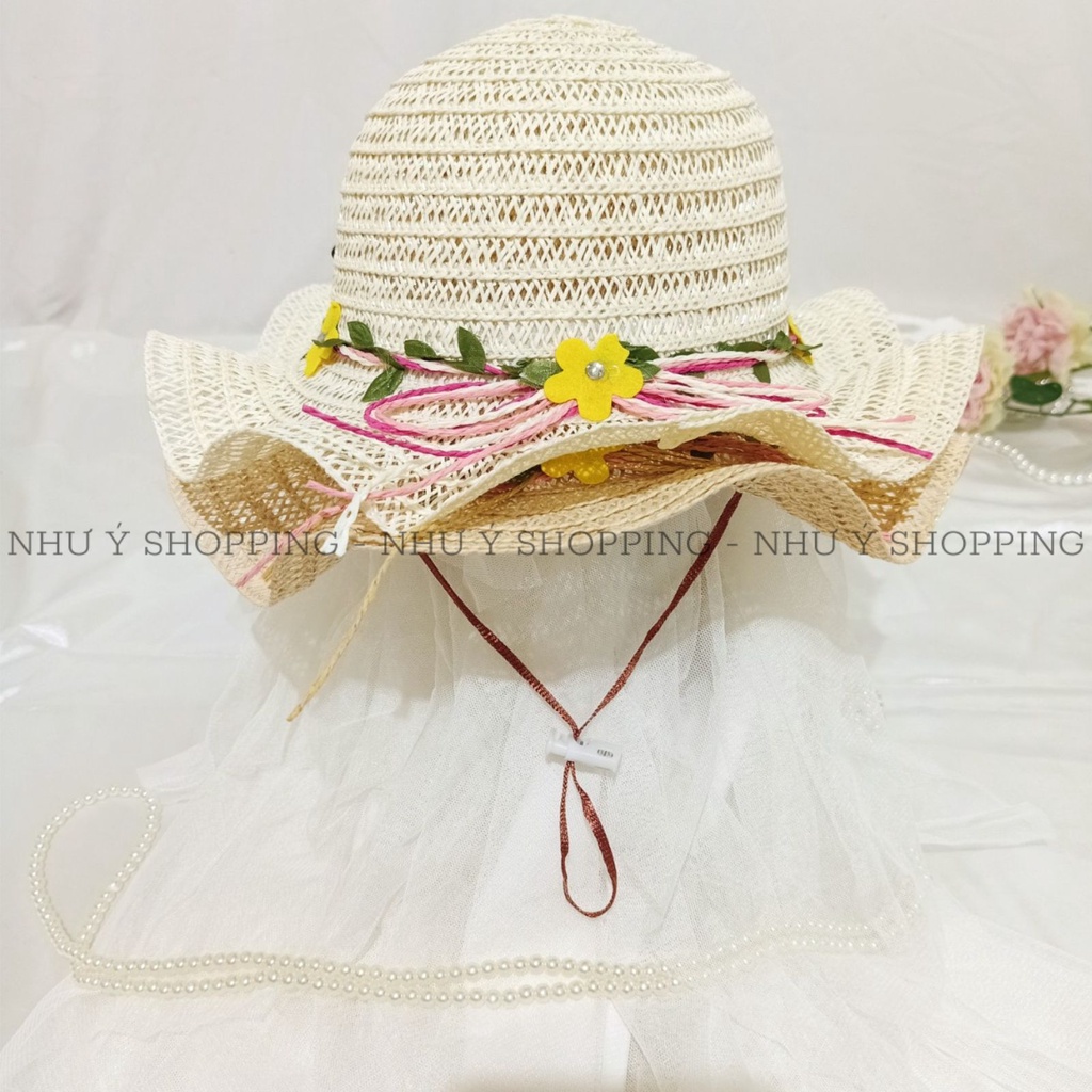Nón mũ cói mềm vành lượn sóng hoa lá tiểu thư xinh cho bé gái có dây rút điều chỉnh,trên 4 tuổi vừa-q12 sóng bé
