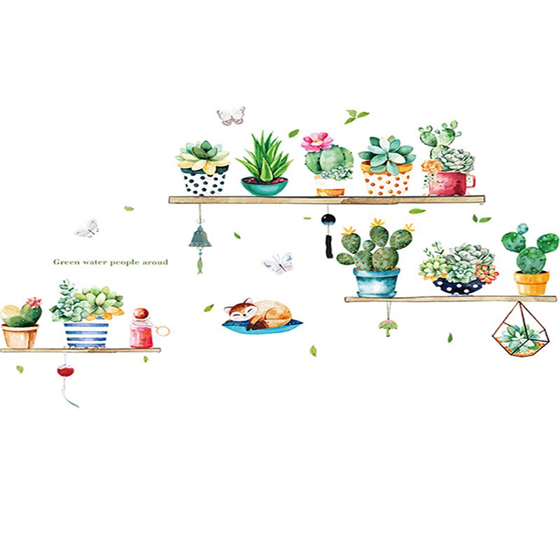 [springeven] Giấy Dán Tường Tự Dính Hình Chậu Xương Rồng Trang Trí Phòng Khách / Phòng Ngủ / Phô