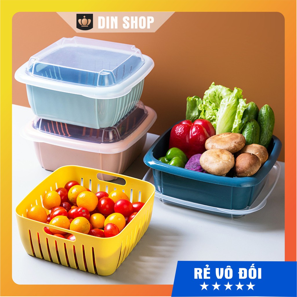 Bộ Rổ Hoa Quả ️ALL IN ONE️ Rổ Vuông 3 in 1 Kèm Chậu Có Nắp Đậy Chất Liệu Nhựa Cao Cấp - Kho Siêu Rẻ