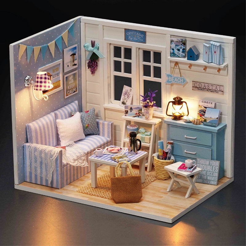 (Tặng mica,keo,đèn)Mô hình đô chơi nhà búp bê bé tự lắp ráp bằng gỗ Diy doll house 3016