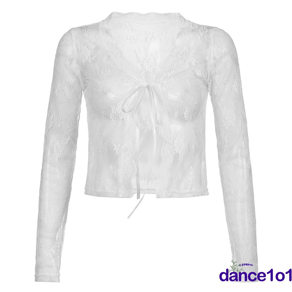Áo croptop cardigan dài tay vải ren có hoa văn thắt nơ đơn giản xuyên thấu gợi cảm thời trang dành cho nữ