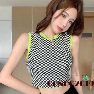 Hgm-áo croptop sát nách cổ thuyền họa tiết kẻ ô cho nữ