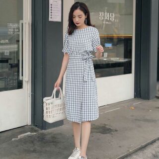 Đầm caro xanh đắp tà