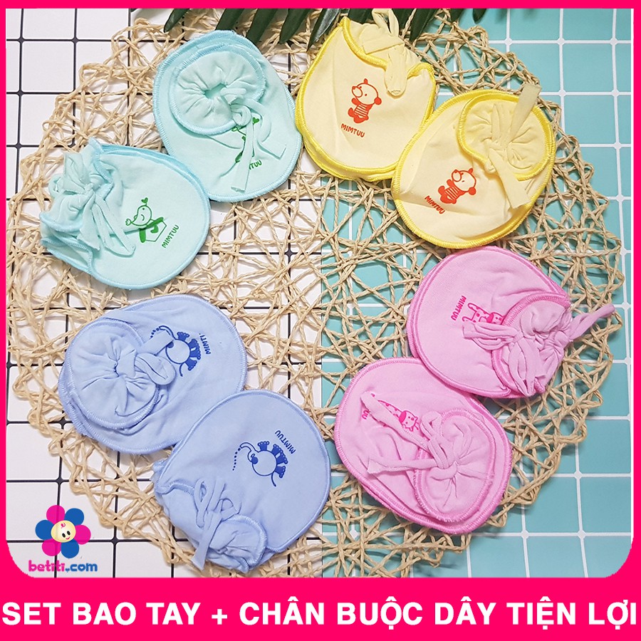 Set Bao Tay + Bao Chân Mintu - Bao Tay Chân Mimtuu Buộc Dây Cho Bé Sơ Sinh