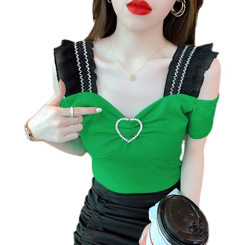 Áo ngắn tay hở vai phối ren họa tiết vân kim cương cổ chữ V phong cách Châu Âu thời trang hè quyến rũ 2021 mới cho nữ