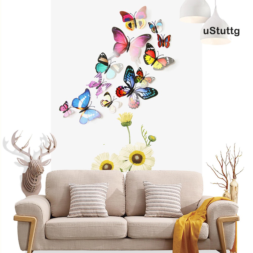 *U 12Pcs 3D PVC Butterfly Art Wall Stickers with Pin Decoration Home Room Decors