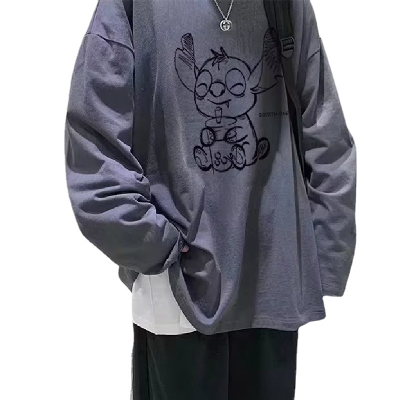 Áo Thun Tay Dài Cổ Tròn Dáng Rộng In Họa Tiết Hoạt Hình Phong Cách Hip Hop Nhật Bản Thời Trang Cho Nam size M-5XL