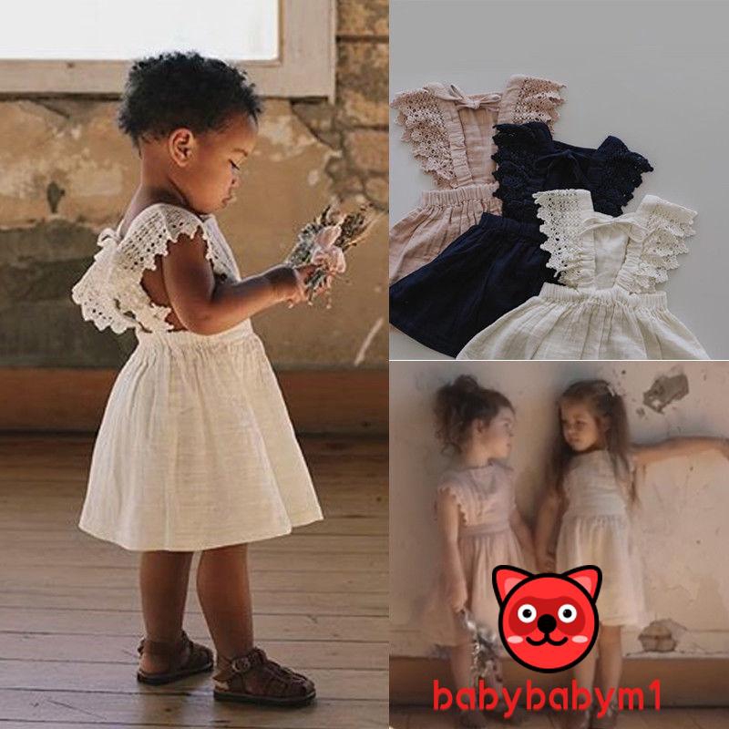 Đầm cotton lanh ngắn tay cổ tròn thời trang cho bé gái