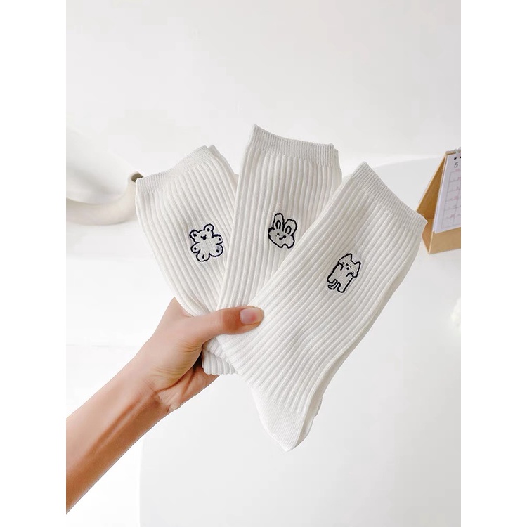 Tất vớ nữ trắng cổ cao hình thêu thú cưng xinh xắn cotton dày dặn