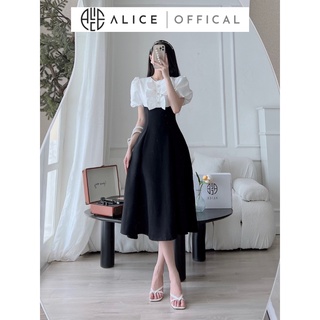 Váy công sở cổ tròn phối nơ ngực alice thiết kế cộc tay dáng xòe thanh lịch v846