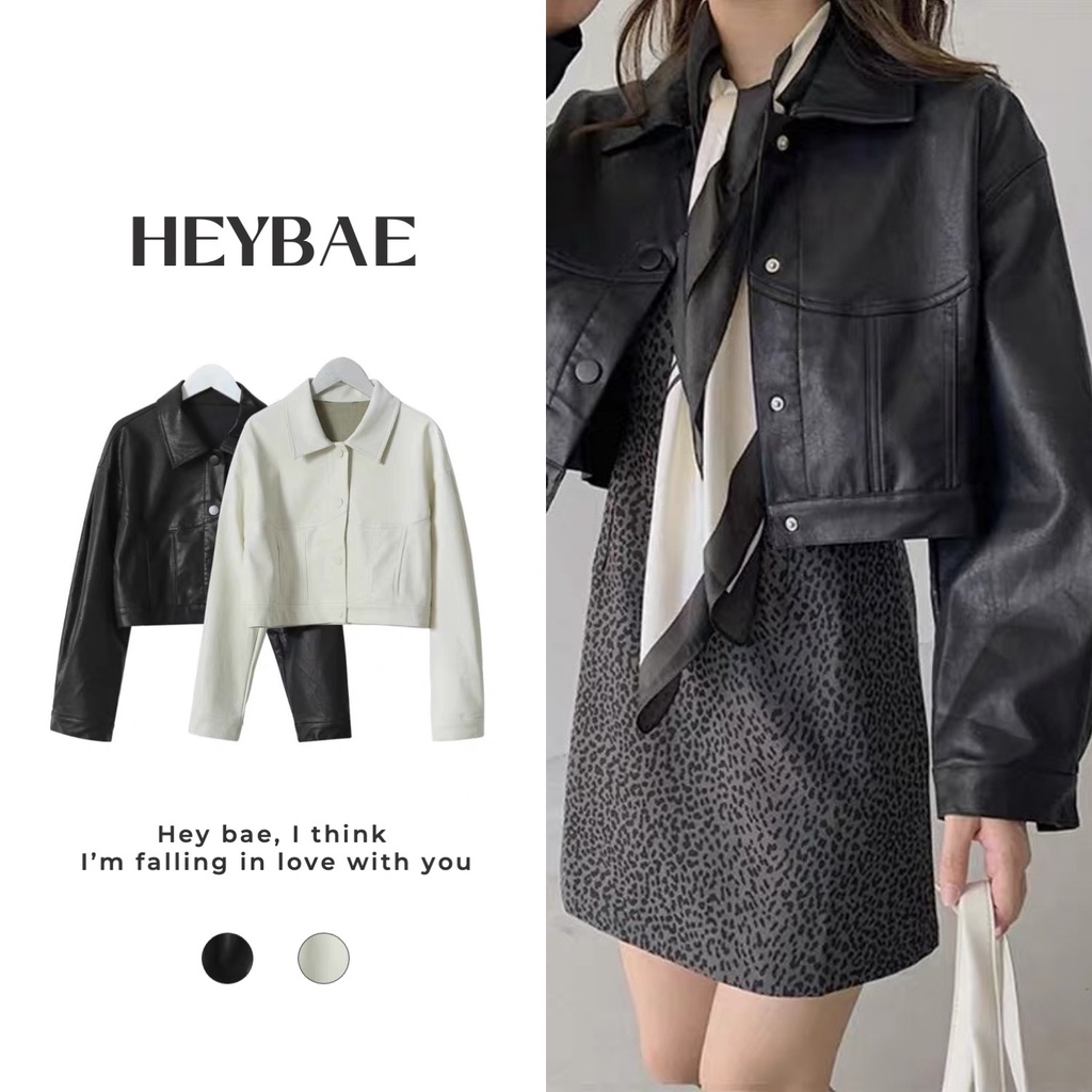 Áo khoác da lửng tay bồng Cici HEYBAE dáng rộng dài tay croptop oversize cá tính có cúc bấm cho nữ AK016