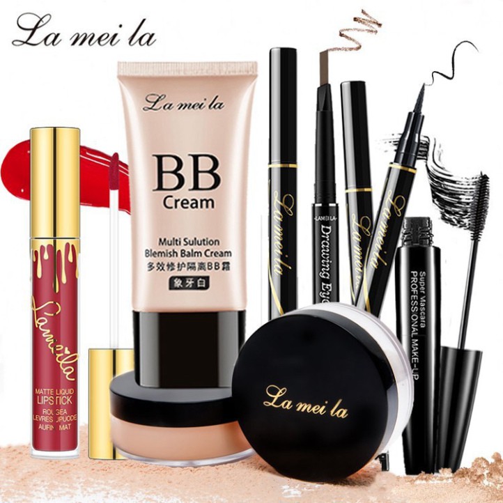YBN BGF Bộ trang điểm La Mei La Kem BB che khuyết điểm + Phấn phủ bột + Chì kẻ mày + Bút kẻ mắt dạ + Mascara + Son kem Z | BigBuy360 - bigbuy360.vn