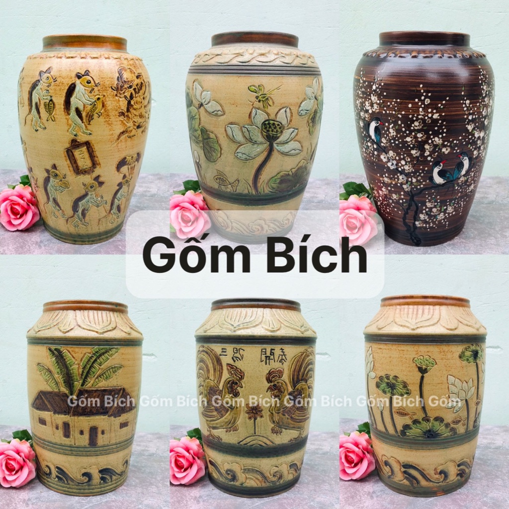 Thạp Gốm Men Đồng Khắc Sen Bình Hoa Lọ Hoa Gốm Sứ Bát Tràng - Gốm Bích