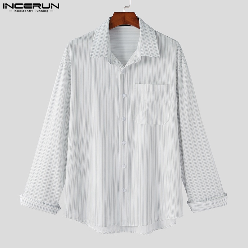 INCERUN Áo Sơ Mi Nam Baggy Tay Dài Họa Tiết Sọc Dọc Thời Trang