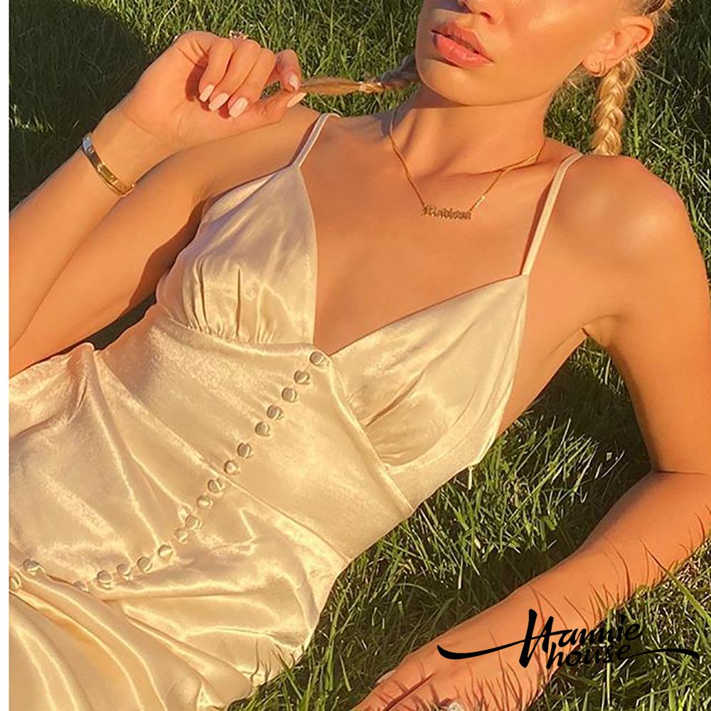 Đầm hai dây dáng dài cổ chữ v lưng cao xẻ tà quyến rũ cho nữ