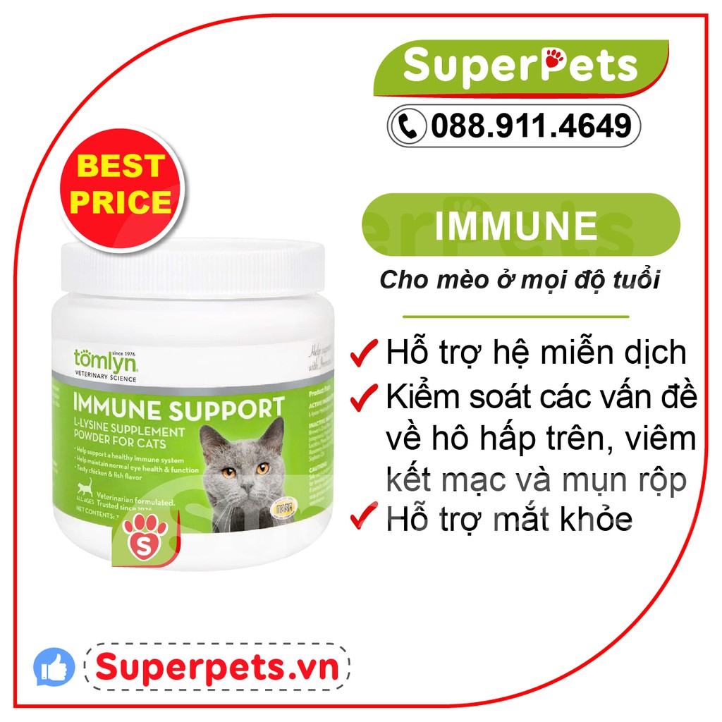 Bột Lysine Tăng Đề Kháng Cho Mèo Nhập Khẩu USA -Tomlyn Immune Support L-Lysine Powder Cat Supplement
