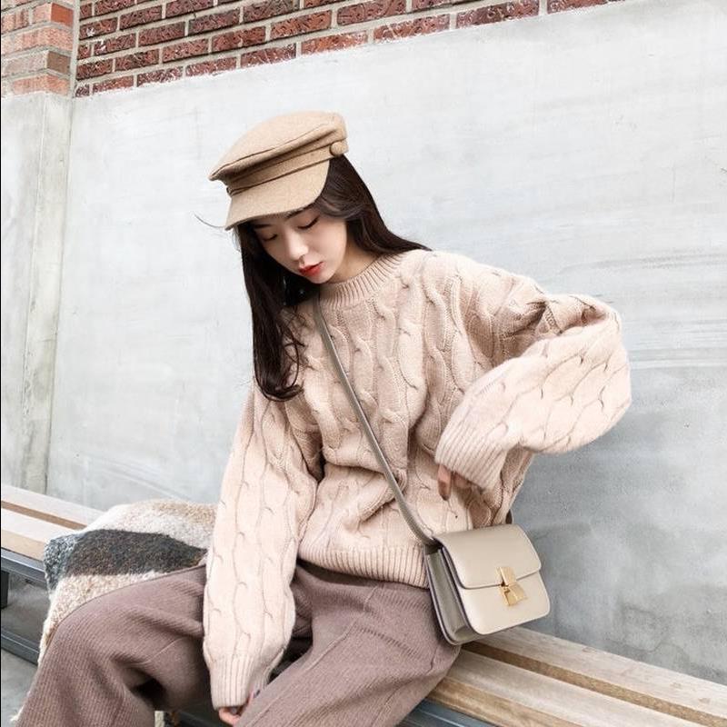 Áo sweater IELGY màu trơn tay dài cổ tròn dáng rộng phong cách cổ điển