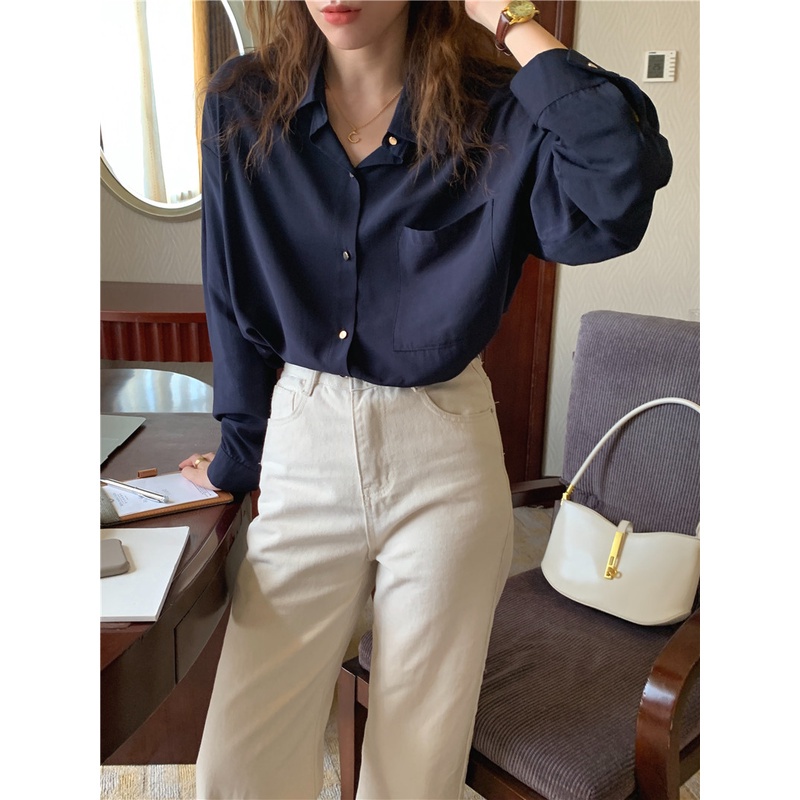 Áo sơ mi dài tay dáng rộng phối hàng nút đơn thời trang 46407