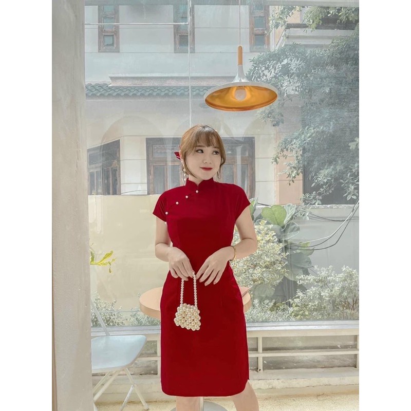 Sườn xám cổ tàu xẻ tà chất vải nhung cao cấp - T5B | BigBuy360 - bigbuy360.vn