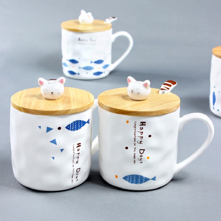Cốc sứ hình mèo Happy Days có nắp đậy 400ml cao cấp