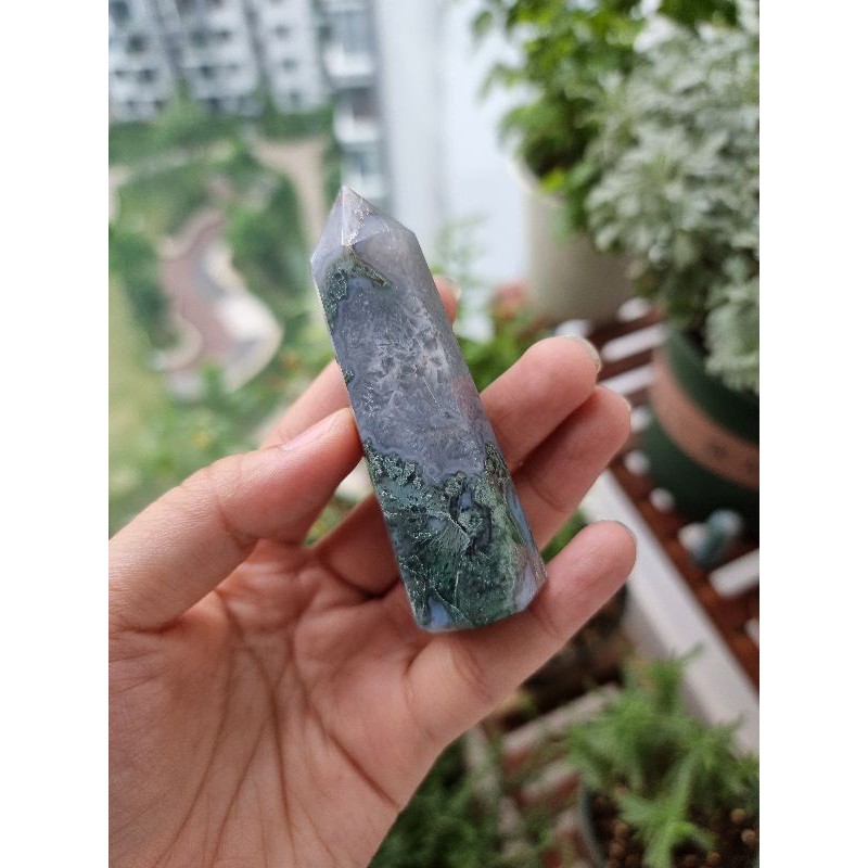 Trụ đá thanh tẩy Moss Agate (mã não rêu), trụ đá phong thủy dùng trong Tarot, Reiki, thiền định