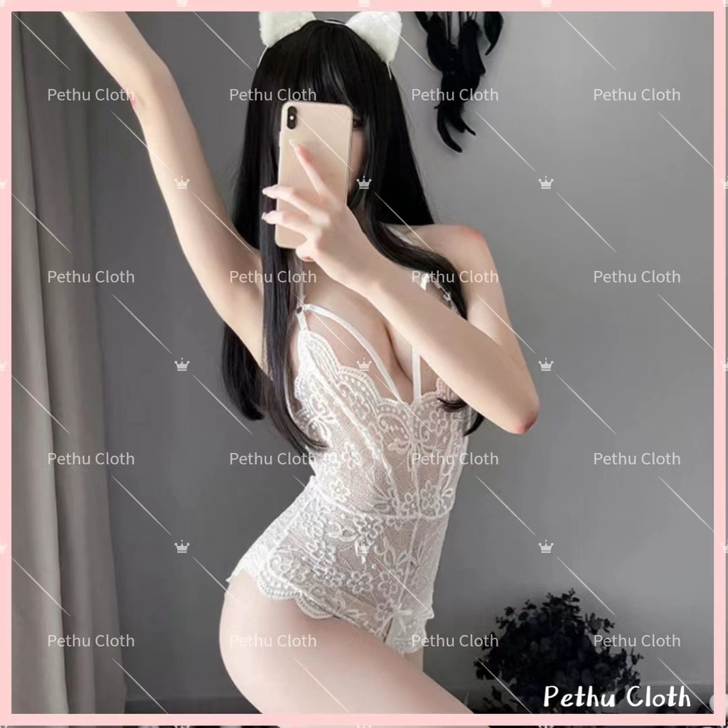 Q1,HCM) Váy ngủ sexyBodysuit 2 dây cosplay trắng siêu khiêu gợi--40-60kg--016