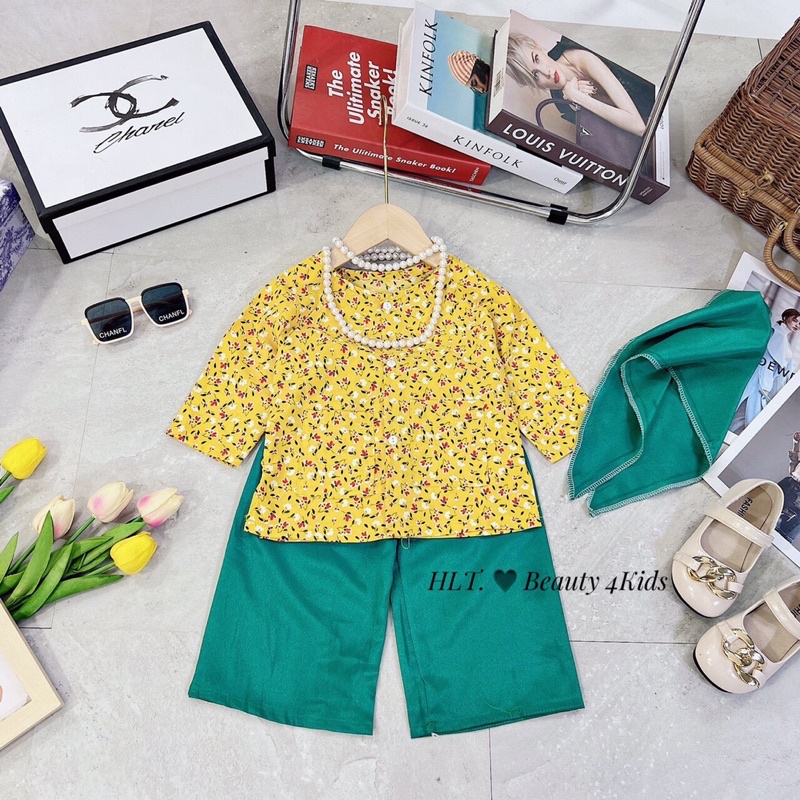 Bộ quần áo bà ba vải gấm lụa cho bé gái 7-17kg