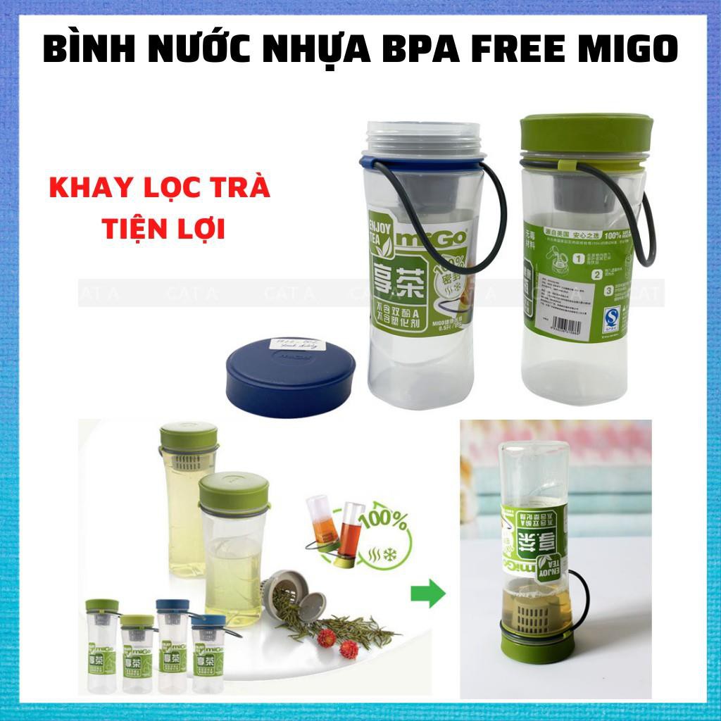 Bình nước, bình nước bằng Nhựa BPA FREE MIGO Cao cấp - 1522 - An toàn, trong suốt, có rây lọc, quai xách tiện lợi