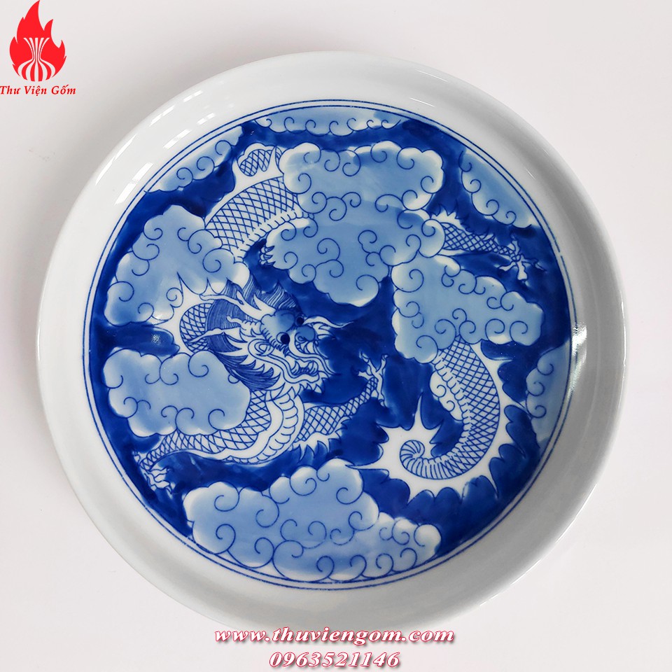 Bộ ấm chén Bát Tràng men lam vẽ long ẩn