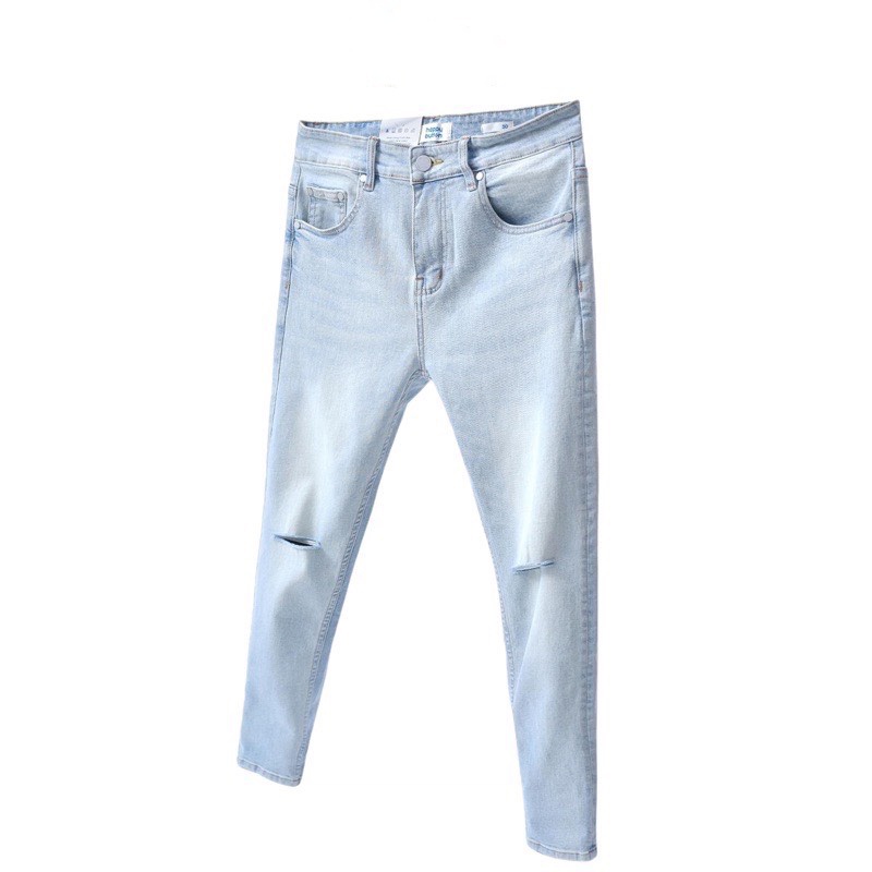 Quần Jean Nam Màu Xanh Rách Gối Phong Cách,Vải Co Giản MT65