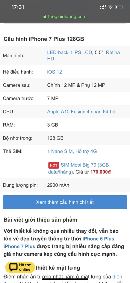 Điện Thoại Apple Iphone 7 plus ( 3GB/128GB )hàng cũ đẹp 90-95% .